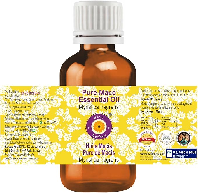 dève herbes Mace Essential Oil (Myristica fragrans) Pure | Non-Sticky | Non-Greasy | Lightweight | Men & Women | All Skin Types | Steam Distilled 15ml (0.5 oz)