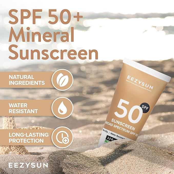 EEZYSUN Mineral Sunscreen SPF 50 - Non-Greasy, Weightless, Sweat-Resistant, Vegan & Reef-Safe Mineral Based Sunscreen for Face and Body with Aloe Vera, UVA/UVB Protection - All Skin Types - 3.3 fl oz