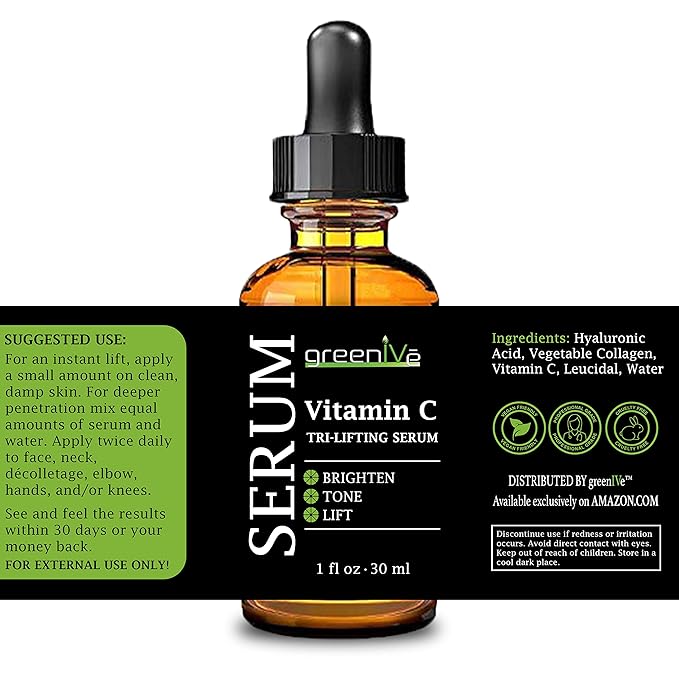GreenIVe Vitamin C Serum for Face with Hyaluronic Acid & Vegetable Collagen - Tri-Lifting Hydrating Facial Serum - Brightening Skin Care for Glowing Complexion - Vegan & Cruelty Free - 1 fl oz