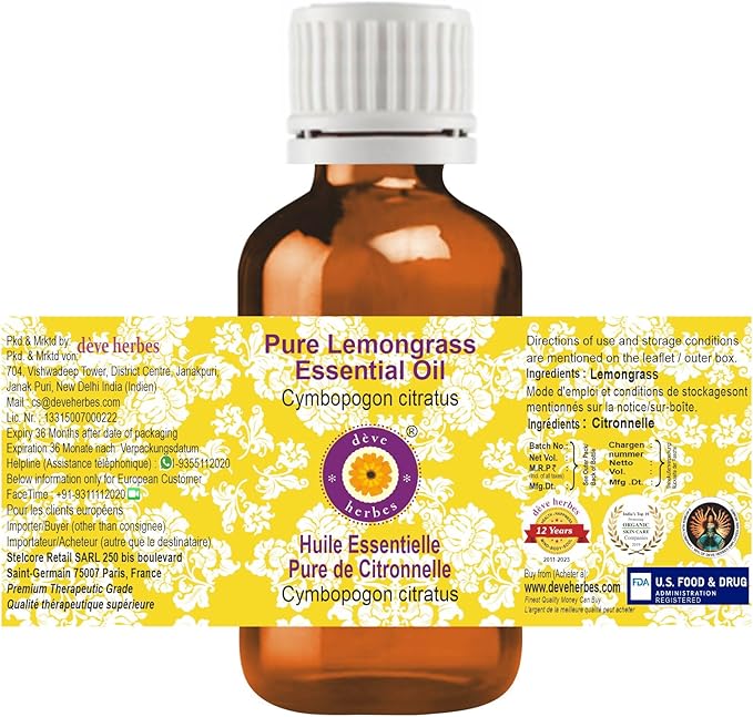 Deve Herbes Pure Lemongrass Essential Oil (Cymbopogon citratus) Steam Distilled 5ml (0.16 oz)
