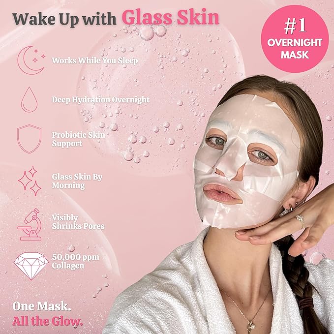 Wellnature™ The Original Overnight Real Deep Mask - It's Giving Glass Skin Hydrating Hydrogel Turns Transparent Sleep Mask Bio-Collagen Oligo-Hyaluronic Acid, Skincare Gift, Pack of 4