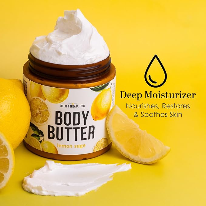 Better Shea Butter Lemon Sage Body Butter for Dry Skin with Raw Shea Butter & Jojoba Oil, Natural Moisturizing Body Cream, Naturally Scented with Essential Oils