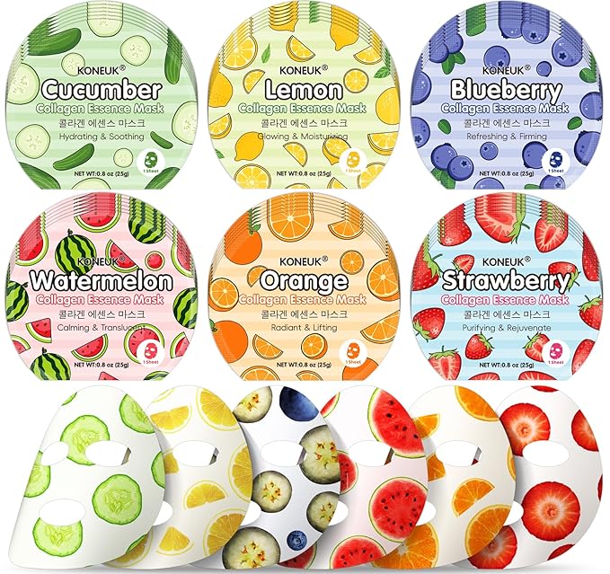 KONEUK 36 Pack Colorful Fruit Face Mask Set, Hydrating & Moisturizing, Bulk Sheet Facial Mask for All Skin Types, Collagen Face Masks Skincare for Women, Mothers Day Gifts and Spa Party Gifts