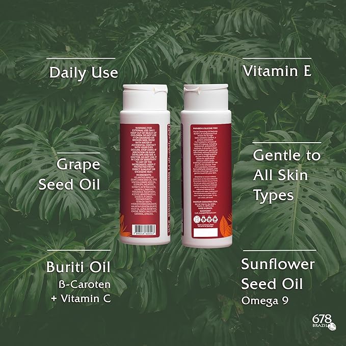 678Brazil Facial Cleansing Oil - Deep Cleanser and Waterproof Makeup Remover for Daily Use - All Skin Types – Natural Ingredients with Buriti, Grape Seed and Sunflower Seed Oils - 200ml / 6.76fl.oz