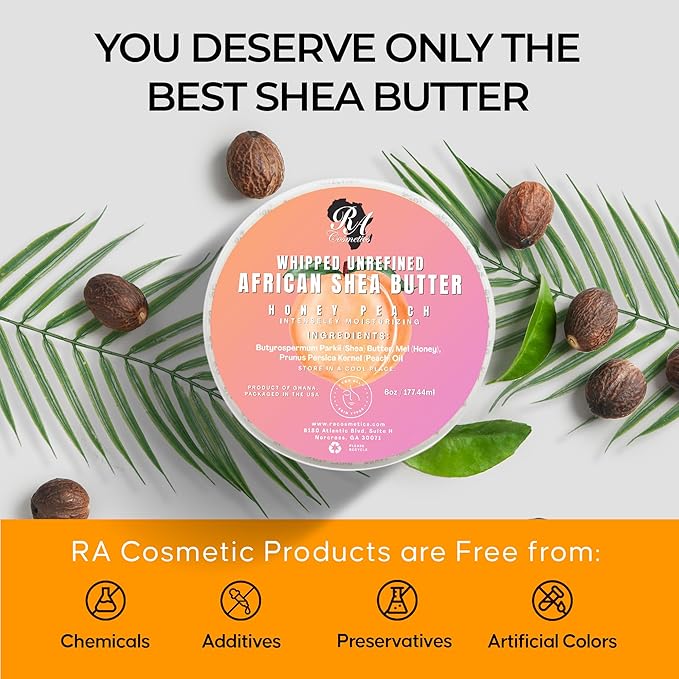 RA COSMETICS Whipped Shea Butter Honey Peach - 100% Pure and Natural African Shea Butter - Ultimate Handcrafted Moisturizer with Essential Vitamins for Radiant Skin and Luscious Hair - 12oz Jar
