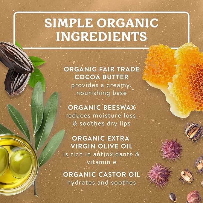 Badger Cocoa Butter Lip Balm Set, 100% Organic, Long Lasting Lip Moisturizers, Lip Care Variety Pack (Cocoa, Orange, Mint & Vanilla), All Natural Lip Balms, 4-pack