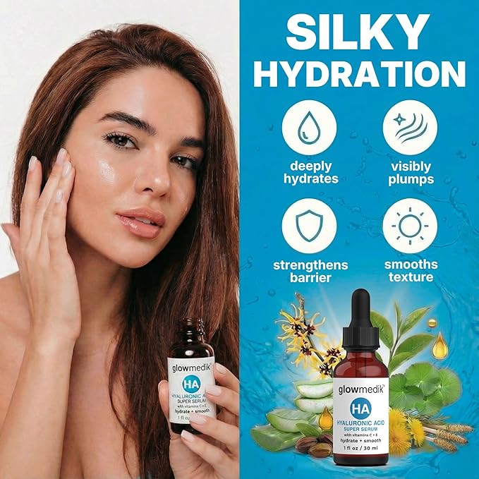 Glowmedik Hyaluronic Acid Serum for Face with Vitamin C & E - Advanced Hydrating Face Serum for Dry Skin, Fine Lines & Wrinkles - Vegan Facial Moisturizer for Women 1 fl oz 30ml