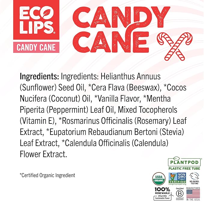 Eco Lips Organic Candy Cane Moisturizing Lip Balm - Organic Coconut Oil and Sunflower Wax - Soothe, Moisturize Dry, Cracked and Chapped Lips - 100% Plastic-Free Plant Pod Packaging - Made in USA