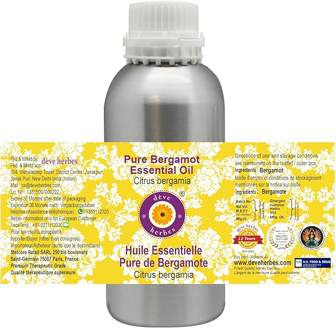 Deve Herbes Pure Bergamot Essential Oil (Citrus bergamia) Natural Therapeutic Grade Steam Distilled 630ml (21 oz)