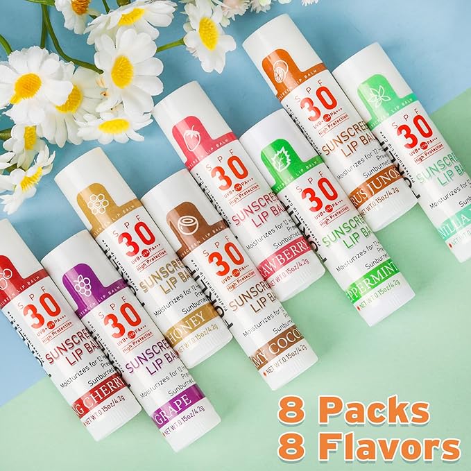 VISRIE SPF 30 Lip Balm with Sunscreen, 8 Pack - 8 Flavors, Hydrating Lip Balm with Vitamin E and Coconut Oil