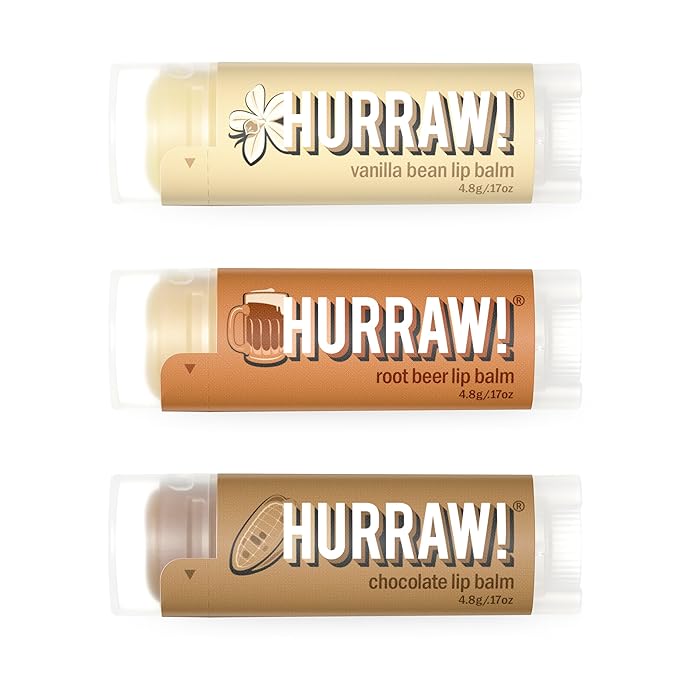 Hurraw! Vanilla Bean, Root Beer, Chocolate Lip Balms, 3 Pack Bundle: Organic, Certified Vegan, Cruelty and Gluten Free. Non-GMO, 100% Natural Ingredients. Bee, Shea, Soy and Palm Free. Made in USA