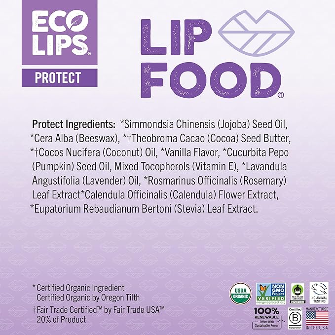 Eco Lips Lip Food - Nutrient Dense & Organic Lip Balm (Protect) - Lavender & Vanilla Flavor, 3-pack