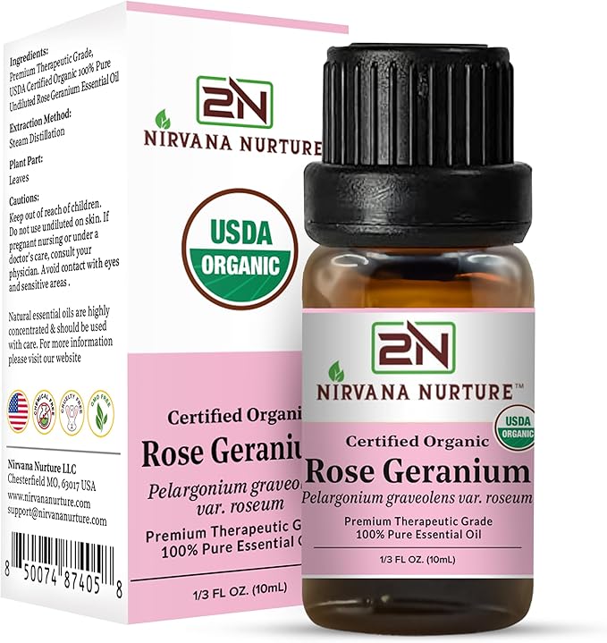 Rose Geranium Essential Oil, USDA Certified Organic, 100% Pure Undiluted, Aromatherapy Oil for Diffuser, Hair & Skin Care