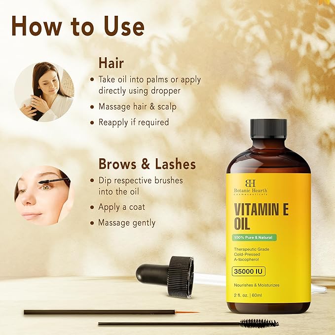 Botanic Hearth Vitamin E Oil 2 Fl Oz (2pack) |100% Pure and Natural- Cold Pressed & Hexane Free Natural Hair Growth Oil for Eyelashes, Eyebrows, Skin, Body, Face, Nails & Scalp
