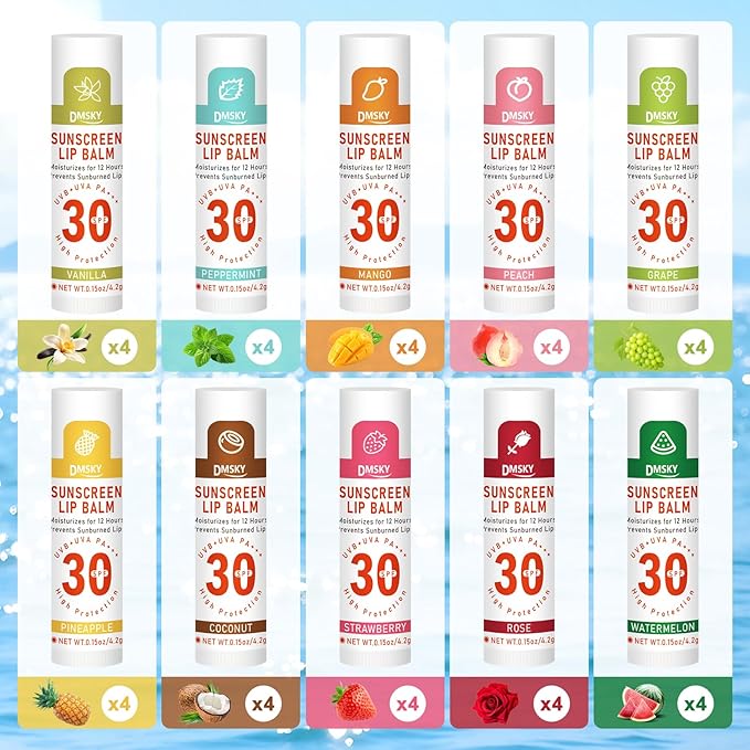 DMSKY SPF 30 Sunscreen Lip Balm 40 Pack, Broad Spectrum UVA/UVB Sun Protection Lip Care with Vitamin E and Beeswax, SPF Lip Balm Travel Size-10 Flavors