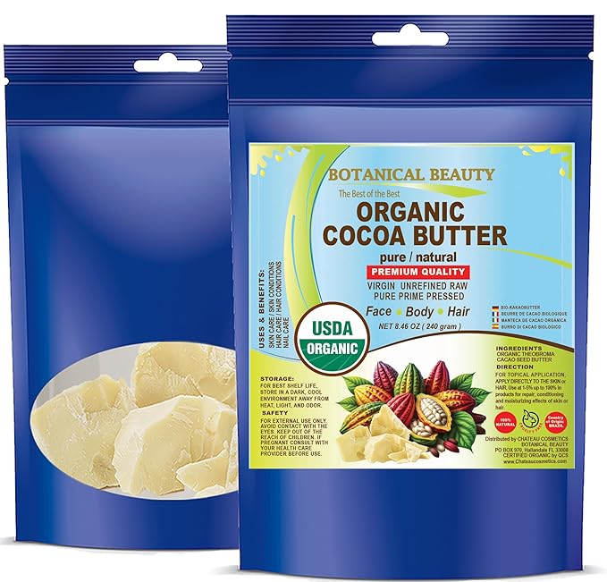 Botanical Beauty Organic COCOA BUTTER WILD GROWTH RAW VIRGIN UNREFINED from BRAZIL for Face, Skin, Hair, Body, Nails 8.46 oz 240 gram. Rich in Vitamin E