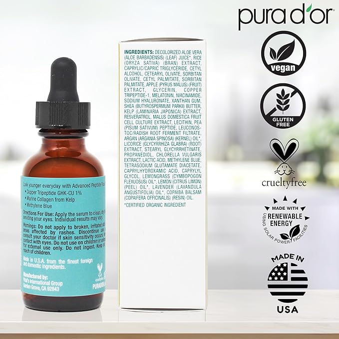 PURA D'OR Advanced Peptide Face Serum – Copper Tripeptide, Plant-Based Stem Cell Extract, Marine Collagen from Kelp, Hyaluronic Acid & Methylene Blue – Anti-Aging Serum for Youthful-Looking Skin, 1 Oz