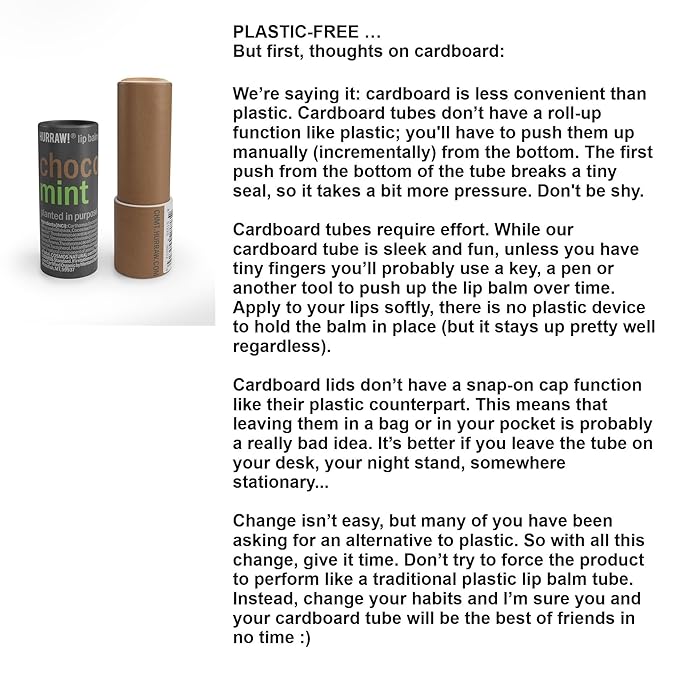 Hurraw! Chocolate & Mint Lip Balm: Plastic-Free with new cardboard push-up tube. Organic, 100% Natural Origin, Vegan, and Cruelty Free. Gluten Free. Bee, Shea, Soy and Palm Free. Made in USA