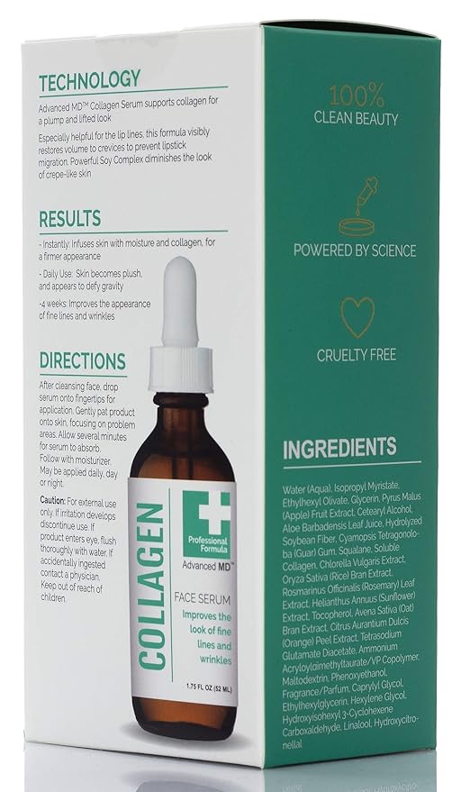 Advanced MD Collagen Face Serum Moisturizer For Wrinkles & Fine Lines Professional Formula To Lift & Firm By Targeting Lost Skin Elasticity. Soy Extract, Antioxidants, Peptides, 1.75 Fl Oz
