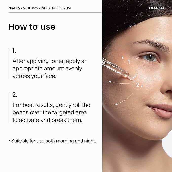 FRANKLY Niacinamide 15% + Zinc Bead Serum | High Dose Yet Gentle Skin Repair | Acne, Pore & Redness Control | Bead-to-Skin Delivery System for Fresh Niacinamide | Vegan Korean Skincare | 1.01 fl.oz
