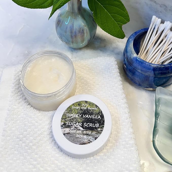 PJ’s Coconut & Almond Bliss Sugar Scrub – Simply Vanilla Scent, Gentle Exfoliating & Nourishing Body Polish, Cruelty-Free, Small Batch, 3.75 oz