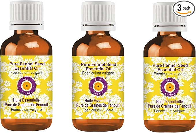 Deve Herbes Pure Fennel Seed Essential Oil (Foeniculum vulgare) Steam Distilled (Pack of Three) 100ml X 3 (10 oz)