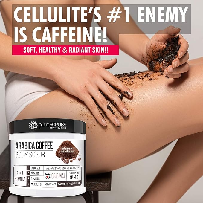 pureSCRUBS Premium Organic Arabica Coffee Body Scrub Set - ORIGINAL BLEND Large 16oz Anti Cellulite Scrub Essential Oils & Nutrients + FREE Wooden Spoon, Loofah & Mini Organic Exfoliating Bar Soap
