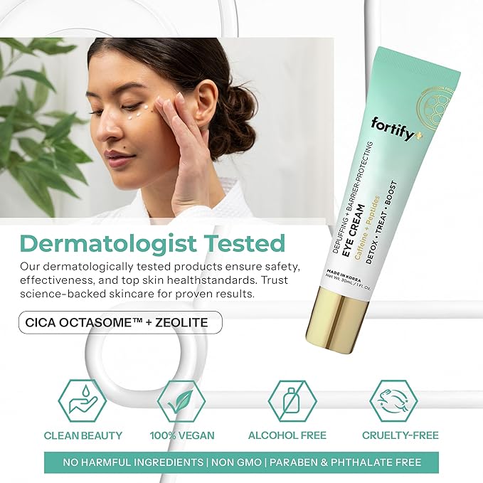 Fortify Skincare Under Eye Cream With Caffeine & Peptides – 3-In-1: Detox, Treat, Boost – Reduces Puffiness, Dark Circles & Wrinkles – Dermatologist Tested, Korean Skin Care – 95% Natural – 1 FL OZ