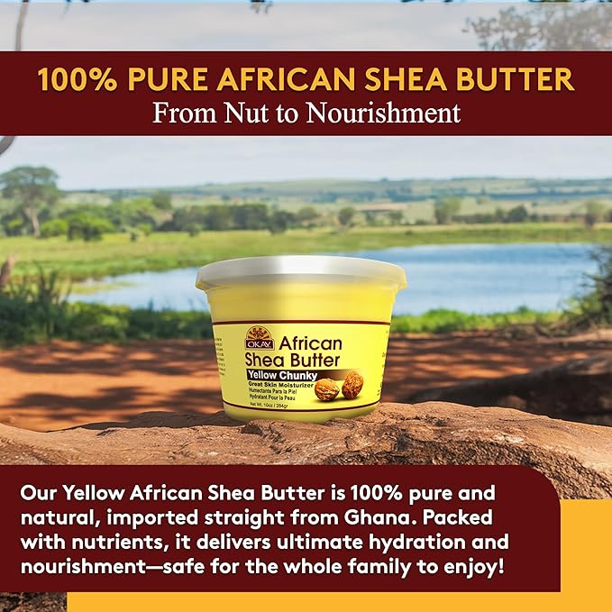OKAY Raw African Shea Butter Yellow 10 oz – 100% Pure Unrefined Moisturizer for Face, Body & Hair – Deep Hydration for Dry Skin, Stretch Marks, Scalp Care & Hair Shine