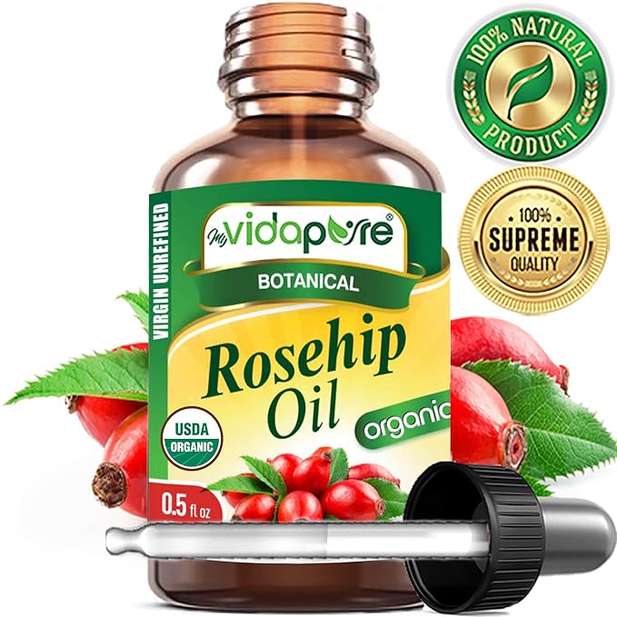 MYVIDAPURE Organic Rosehip Oil Certified Organic Wild Growth RAW Pure Virgin UNREFINED for Face, Body, Hair and Lip Care (0.5 Fl Oz)