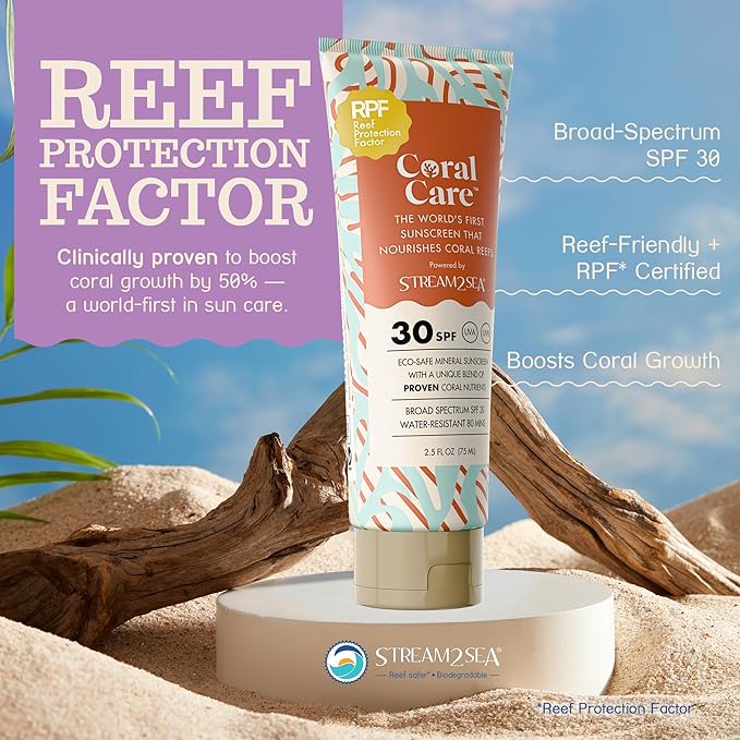 Stream2Sea Coral Care - Reef Safe Sunscreen SPF 30 Travel Size - First Reef-Approved Natural Mineral Sun block Boosts Coral Growth, Water resistant, Biodegradable, Eco-Friendly Sunscreen