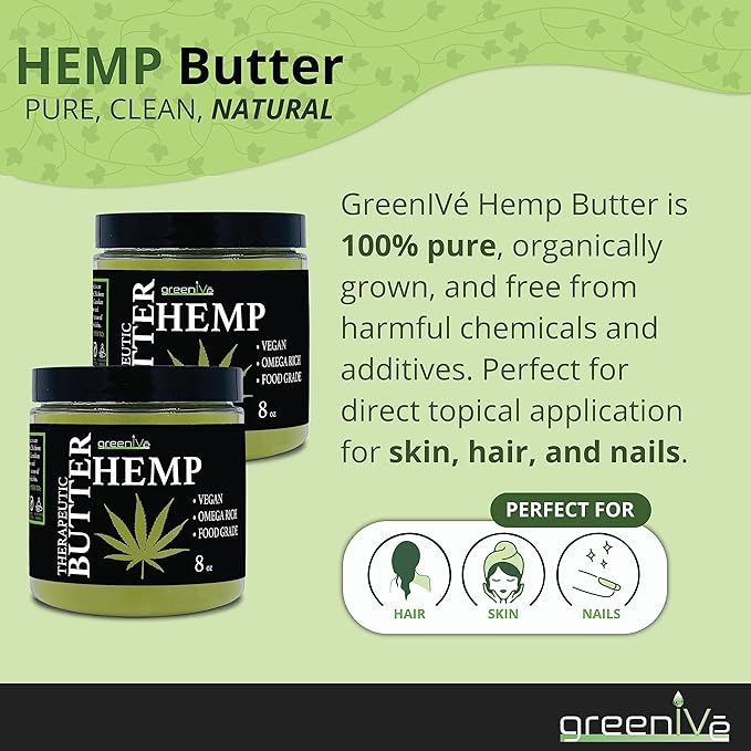 GreenIVe Hemp Body Butter 17,500mg Per Oz Raw Natural Creamy Hemp Oil and Cocoa Butter Virgin Organically Grown. (8oz Jar)