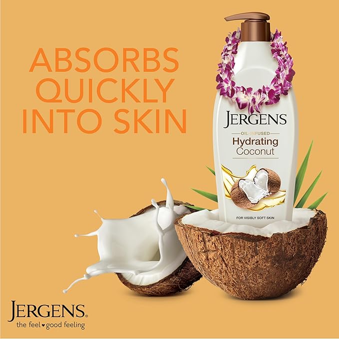 Jergens Hydrating Coconut Body Lotion,Hand and Body Moisturizer,Infused with Coconut Oil,Hydrates Dry Skin Instantly,Dermatologist Tested,16.8 oz,(Pack of 2)
