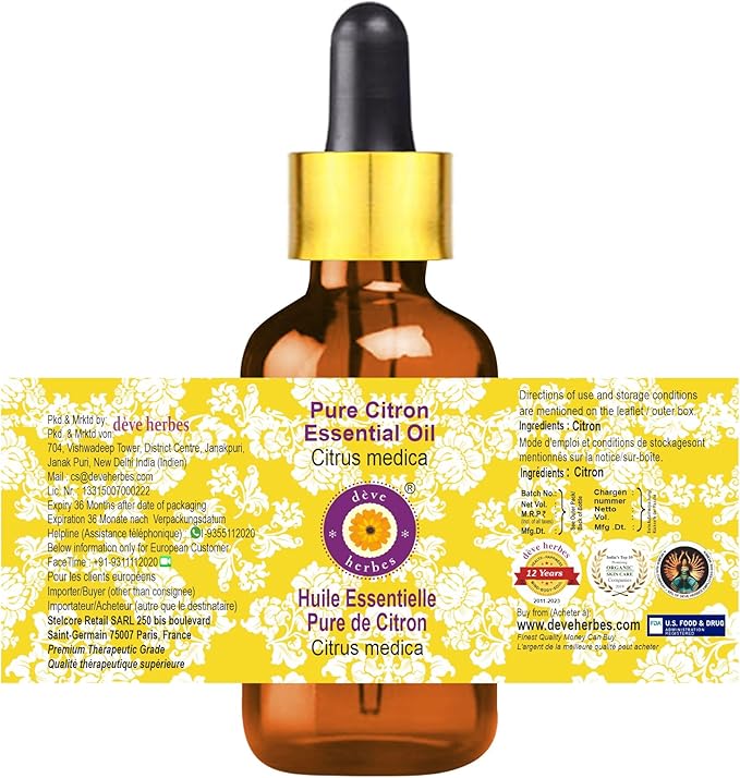 dève herbes Citron Essential Oil (Citrus Medica) with Glass Dropper | Pure | Non-Sticky | Non-Greasy | Lightweight | Men & Women | All Skin Types | Steam Distilled 5ml (0.16 oz)
