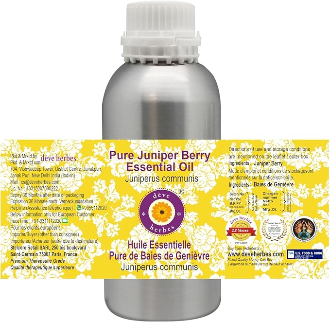 dève herbes Pure Juniper Berry Essential Oil (Juniperus communis) with Glass Dropper Steam Distilled 100ml (3.38 oz)
