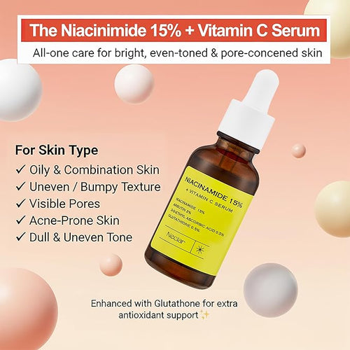 15% Niacinamide Serum for Face - with Vitamin C, Glutathione - Korean Dark Spot Serum for Uneven Tone, Enlarged Pore, Dullness, Ance-Prone, Sensitive Skin - Fragrance-Free, Daily Use
