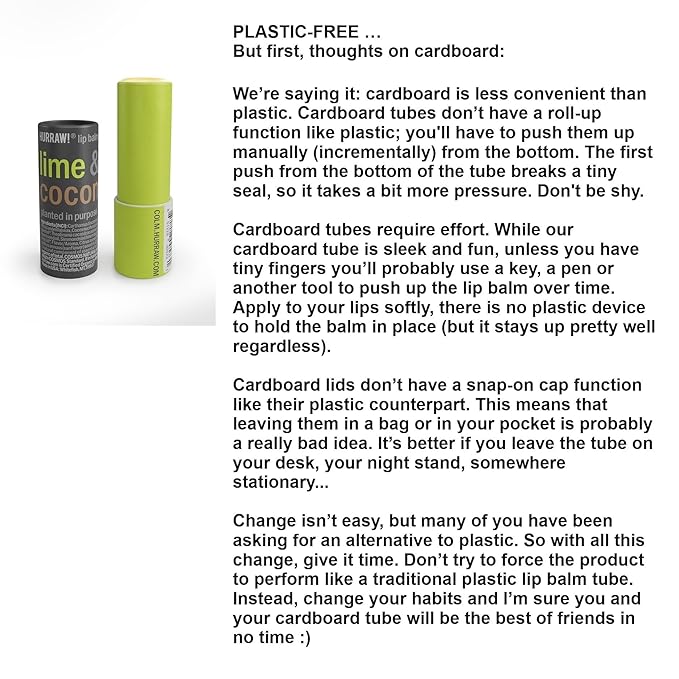 Hurraw! Lime & Coconut Lip Balm: Plastic-Free with new cardboard push-up tube. Certified Organic, 100% Natural Origin, Vegan, and Cruelty Free. Gluten Free. Bee, Shea, Soy and Palm Free. Made in USA