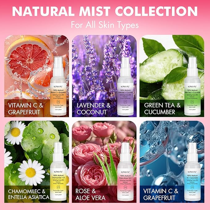 KONEUK Skincare Refreshing Face Mist Kit-Long Hydration and Soothing Facial Spray for Glowing Skin Care, Mini Face mist Gifts for Women, Mothers Day Gifts, Teacher Gifts, Trave Size2.02 fl oz 6 Pack