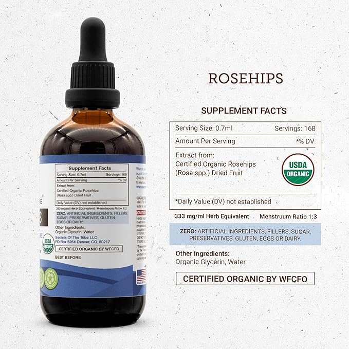 Secrets of the Tribe Rosehips USDA Organic | Alcohol-Free Extract, High-Potency Herbal Drops | Made from 100% Certified Organic Rosehips (Rosa spp.) Dried Fruit 4 oz