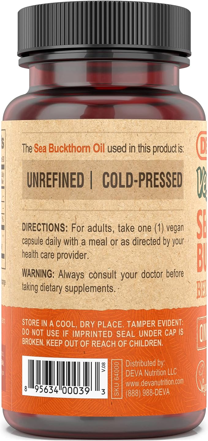 DEVA Vegan Sea Buckthorn, Berry Oil 500mg, Cold-Pressed, Unrefined, Rich in Omega-7, 90 Capsules, 1-Pack