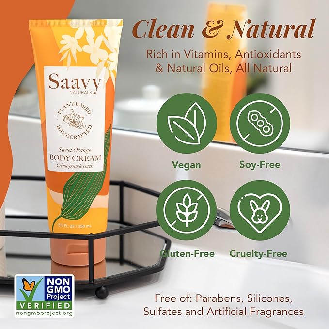 Saavy Naturals Deeply Hydrating Body Cream for Dry Skin – Nourishing Shea Butter, Plant-Based & Sustainably Sourced – Sweet Orange – 8.5 fl oz, 2 pack