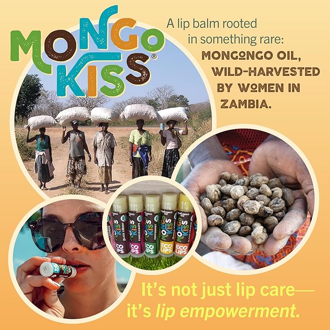 LIP BALM Mongo Kiss 6-Pack by Eco Lips 100% Organic Beeswax & Cocoa Butter Lip Care with Mongongo Oil - Soothe & Moisturize Dry & Cracked Lips - Made in USA. (Unflavored)