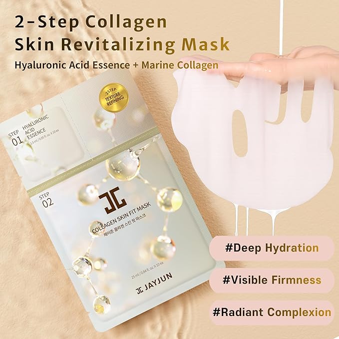 JAYJUN Collagen Skin Fit Mask (10 Sheets) – 2-Step All in one Hydration & Firming Ritual with Hyaluronic Acid & Marine Collagen 0.84 fl. oz.