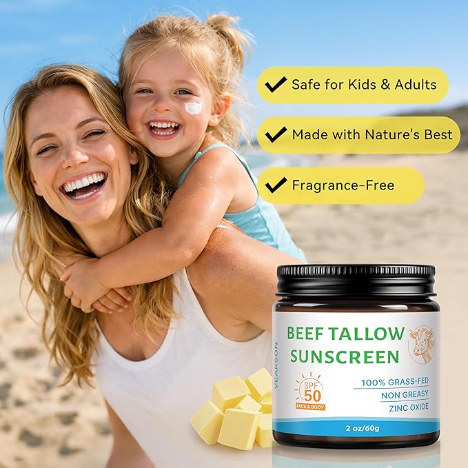 Beef Tallow Sunscreen SPF 50, Organic Grass-Fed Tallow Sunscreen with Non Nano Zinc Oxide, Natural Non-Greasy Formula for Face & Body, Water Resistant, Adult & kids, Reef Safe Travel Size, Unscented