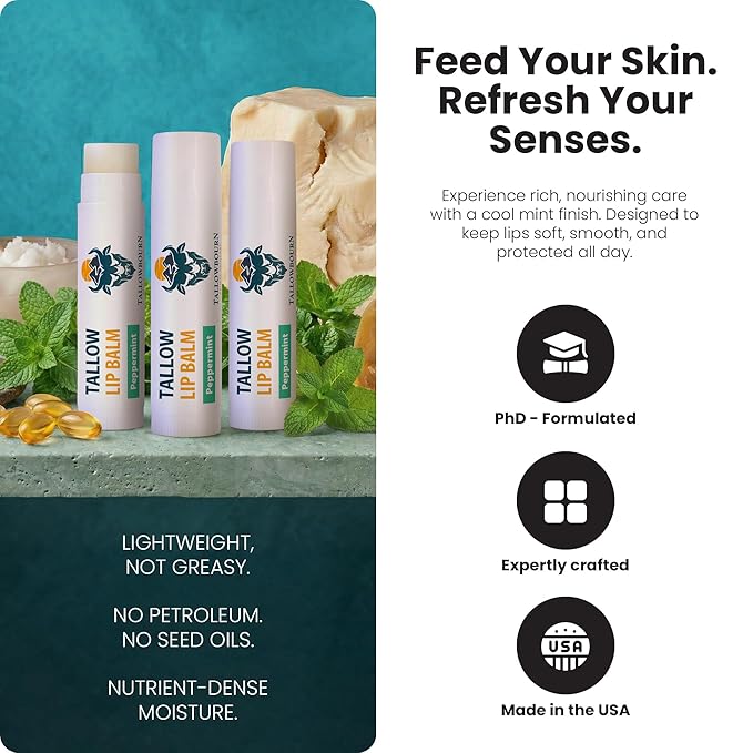 Moisturizing Tallow Lip Balm – Grass-Fed Beef Tallow with Organic Coconut Oil, Beeswax, and Vitamin E – Peppermint – Lip Balm Set – Travel Essential – 3-Pack