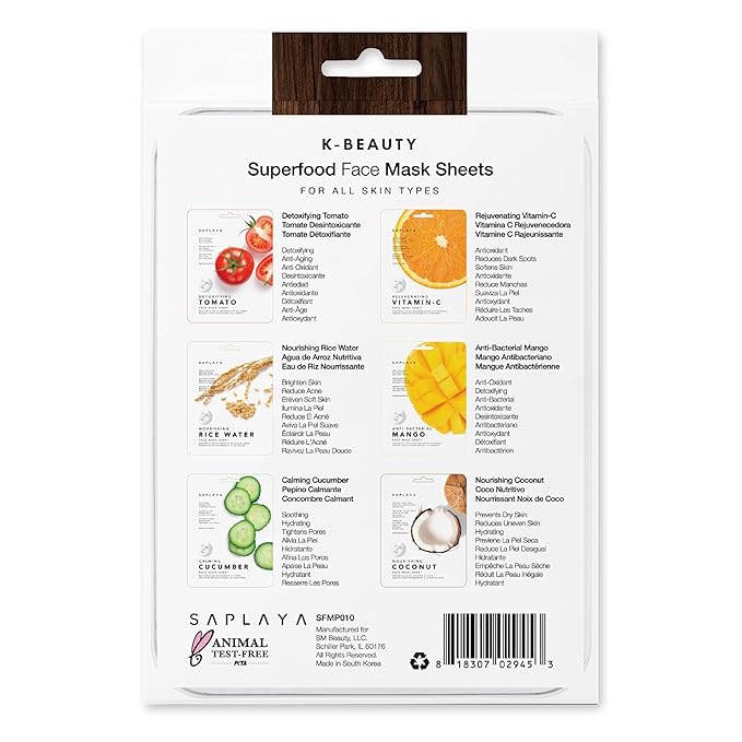 Saplaya K-Beauty Facial Skincare Natural Beauty Multi-Pack Face Sheet Masks Balanced Skin Care Made In South Korea (Superfood (Pumpkin, Coconut, Cucumber, Vitamin-C, Aloe, Rice))