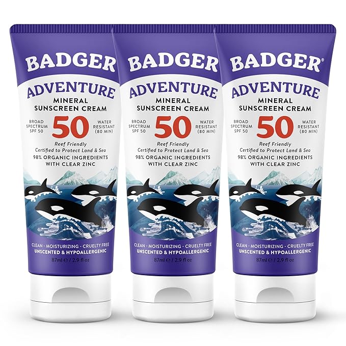 Badger Biodegradable Reef Safe Sunscreen, SPF 50 Unscented Zinc Oxide Sunscreen, 98% Organic Ingredients, Water Resistant Adventure Sport Sunblock, 2.9 fl oz, 3-Pack