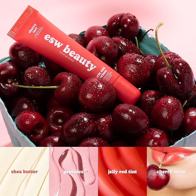 ESW Beauty Cherry Tart Smoothie Lip Treatment - Jelly Red Tint with Shea Butter, Peptides, Cherry Extract for Advanced Smoothing & Collagen Boost