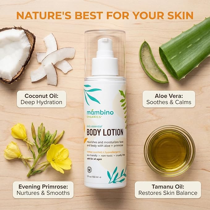 Mambino Organics Daily Essential Face & Body Lotion, Hydrating Body Lotion with Coconut, Aloe & Tamanu Oil, Lightweight Moisturizer for Dry Skin, Vegan, Cruelty-Free Skin Care, 5 fl oz