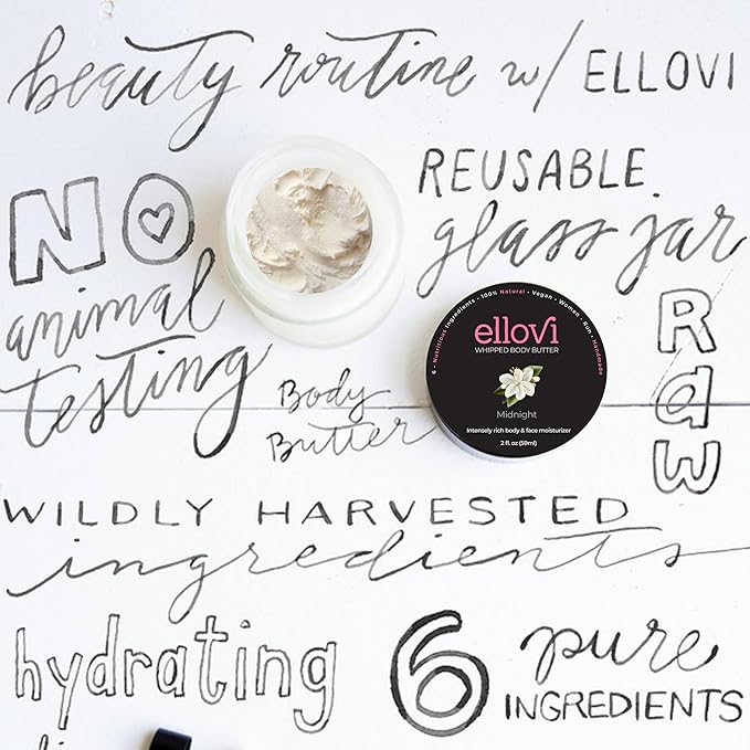 Ellovi All-Natural Luxuriously Whipped Body Butter - Midnight - Pure Enough to Eat - Made With Just 6 Vegan Ingredients - 100% Plant-Based Luxury Moisturizer For Naturally Healthy Skin (2 fl. oz/59ml)